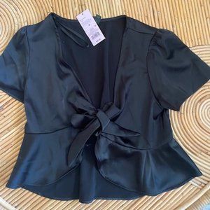Black open tie-front short sleeve blouse